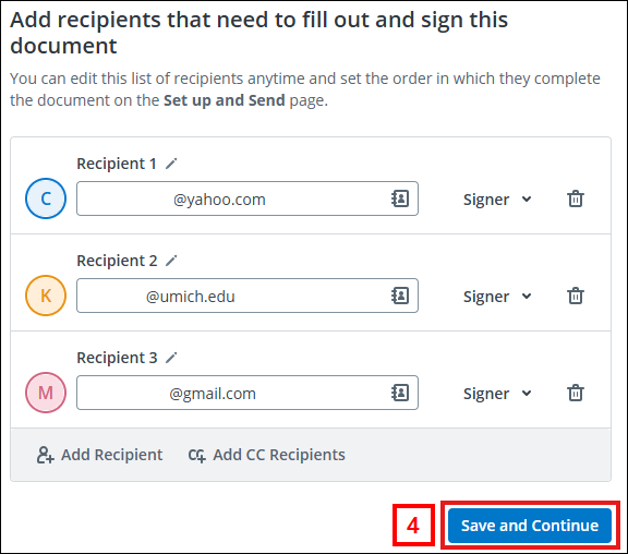 Add recipients that need to fill out and sign this document